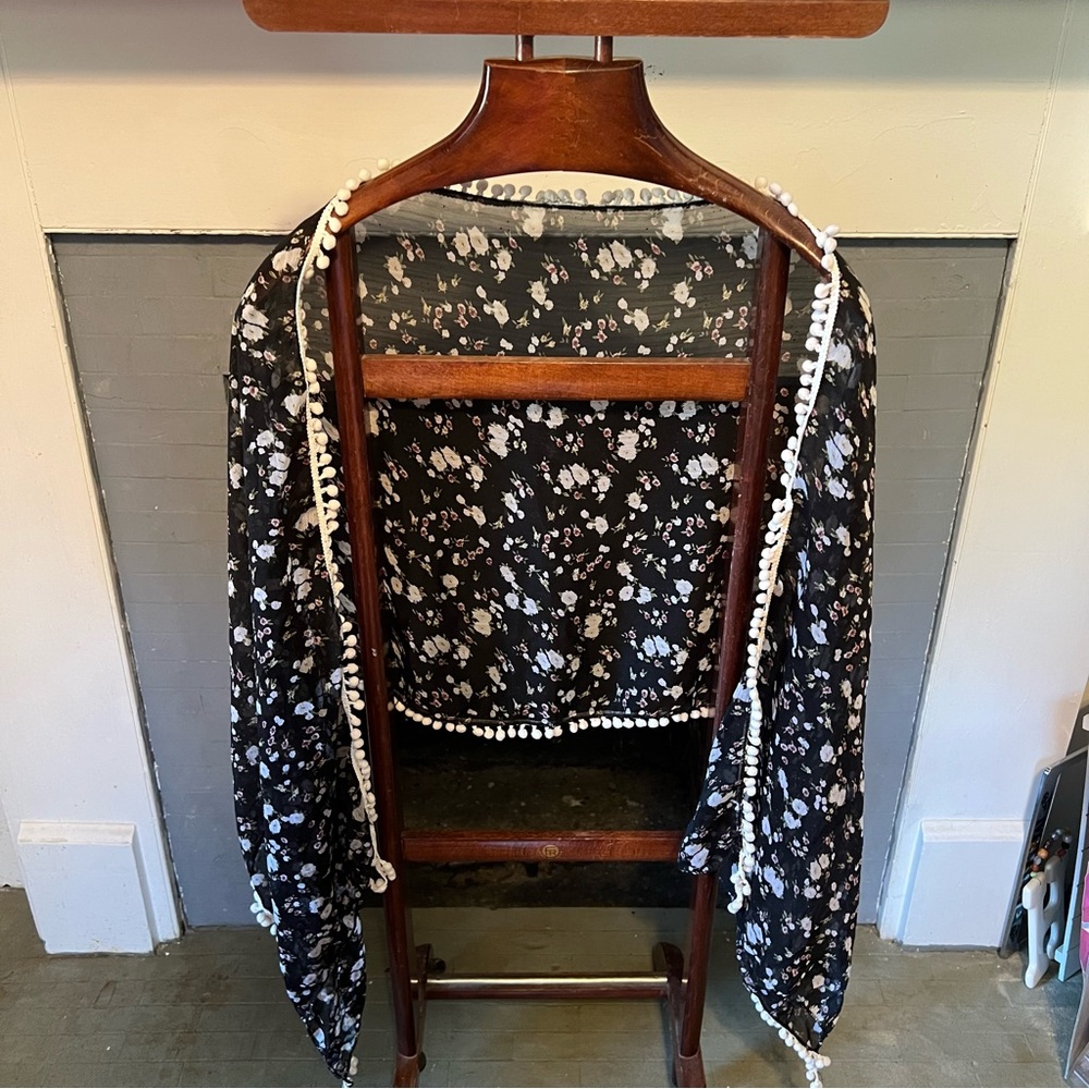 Floral Black Sheer scarf with Pom Pom Trim